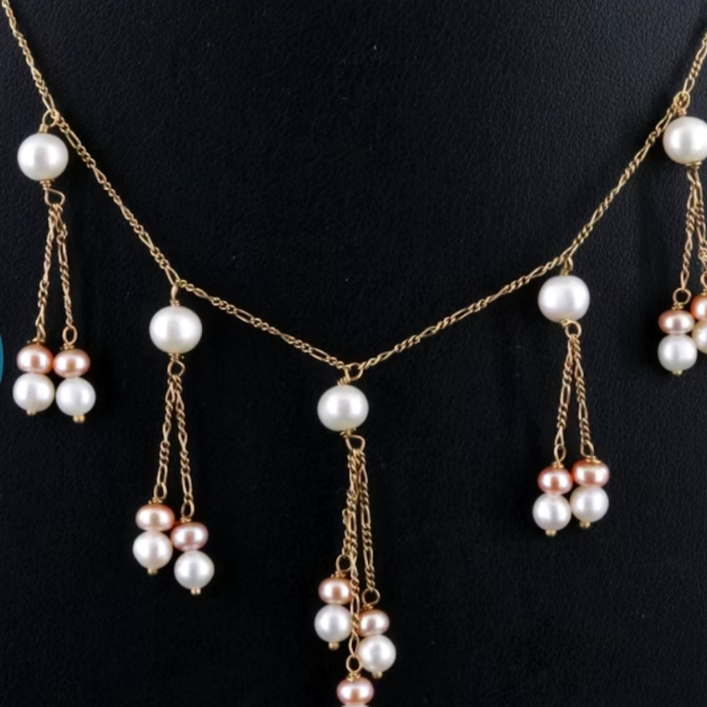 14K Pink and White Pearl Figaro Fringe Necklace Unique Real Solid Gold